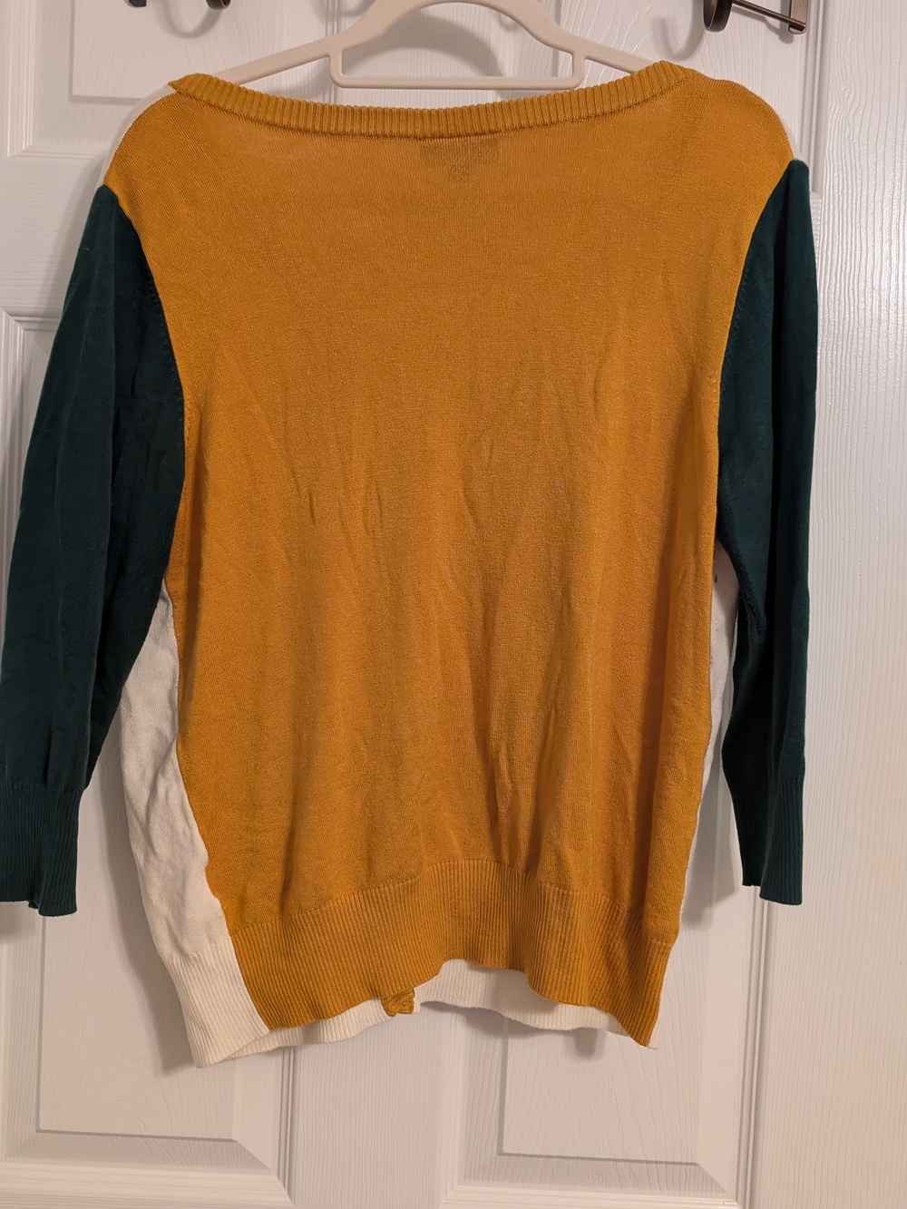 ModCloth Cream Cardigan with Mustard Trim and Dark Green Sleeves - Picture 2 of 3